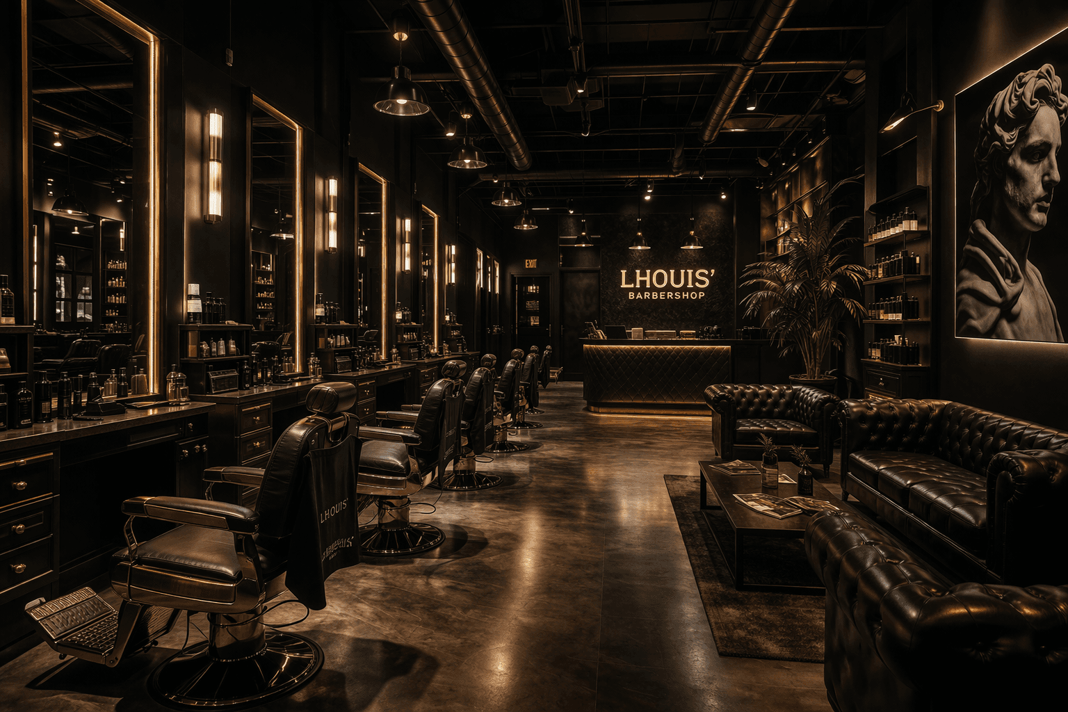 Lhouis Barber Shop interior: stations, lounge, reception, and warm accent lighting